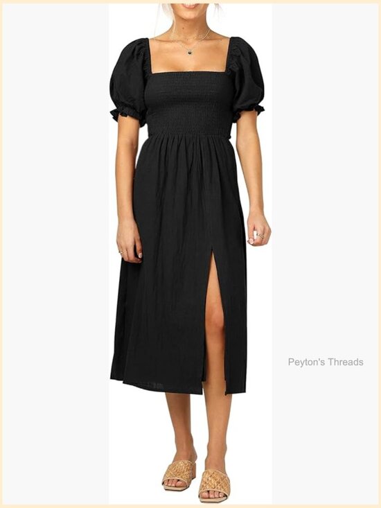 Dresses & Skirts - Women's Cotton Puff Sleeve Off-Shoulder Boho Midi Dress with Side Slit
